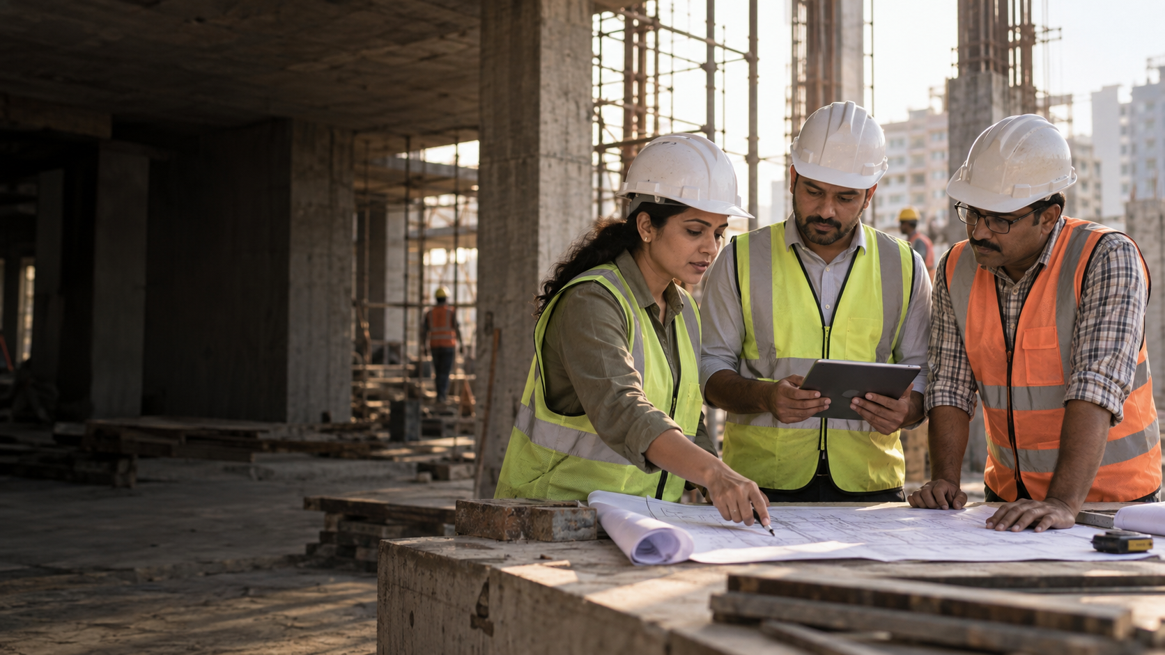 Indian construction professionals in safety helmets reviewing site plans together
